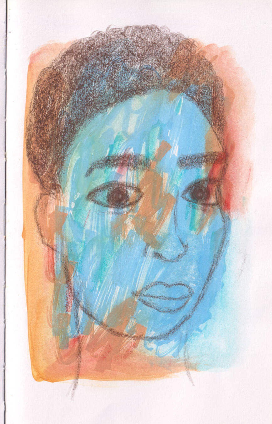 Untitled coloured pencil portrait of a woman of colour on a painted sketchbook page