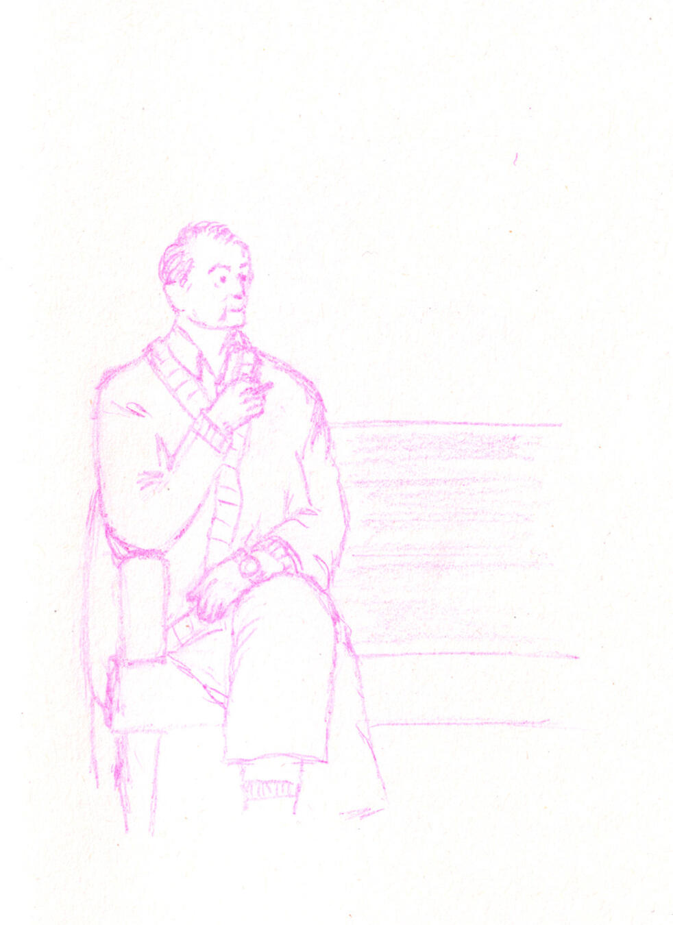 Untitled pink coloured pencil sketch of an elderly man sitting on a bench with a cigarette