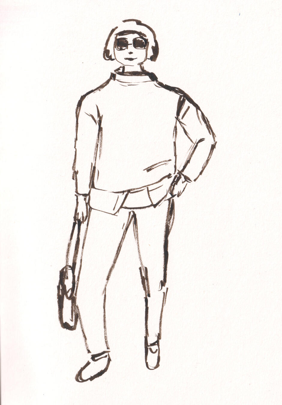 Untitled quick sepia ink figure sketch of a woman holding a handbag