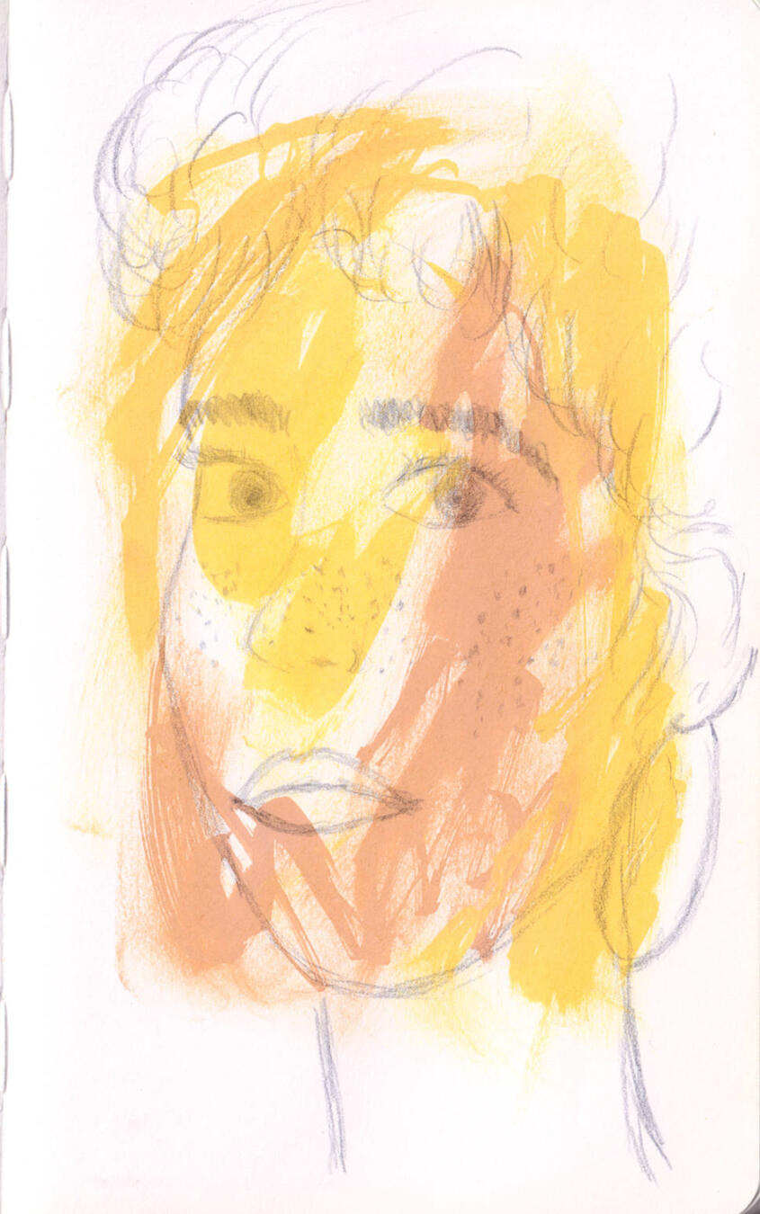 Untitled coloured pencil sketch of a woman's face on a painted background